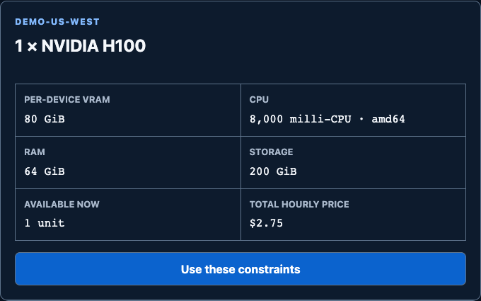 Fluxyard Console example offer showing an H100 GPU, GPU memory, CPU, RAM, storage, and hourly price together. All values are synthetic demonstration data.